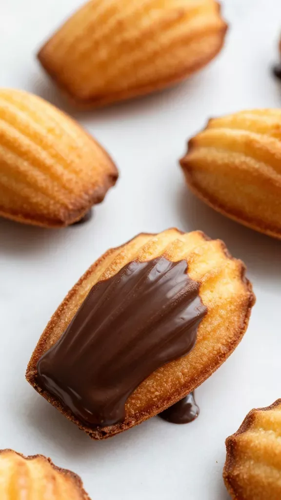 Ultra-closeup of freshly baked classic madeleines, golden brown with crisp shell ridges and a soft, domed hump, half-dipped diagonally in glossy dark chocolate, subtle sheen and smooth finish, no sprinkles or extras, arranged on a clean white marble surface with a few chocolate drips, soft natural window light, shallow depth of field, high resolution food photography