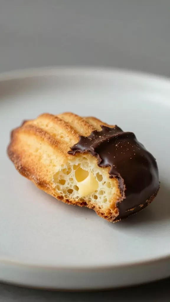 Macro side angle of a single madeleine bitten to reveal tender, buttery crumb, the opposite end coated in smooth dark chocolate, fine crumbs on a plain ceramic plate, no garnishes, muted backdrop, crisp focus on the ridge pattern and glossy chocolate, soft diffused lighting for a luxurious, cafe-style presentation