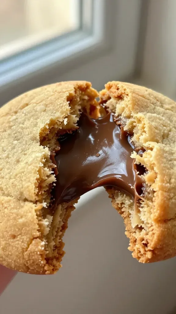 Extreme close-up of a freshly baked Nutella-stuffed cookie torn in half, showing a thick, molten Nutella center stretching between the two halves; golden-brown cookie with crisp, slightly crinkled edges and a soft, chewy interior; warm, natural window light; shallow depth of field; neutral background, no extra ingredients or props.