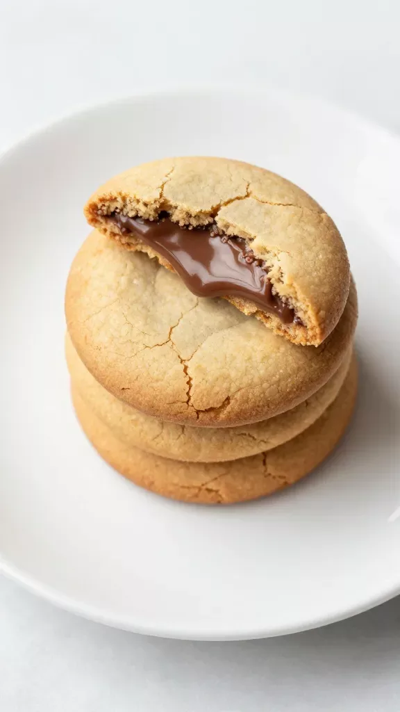 Overhead shot of a small stack of Nutella-stuffed cookies on a plain white plate, with one cookie on top broken open to reveal glossy, oozing Nutella filling; cookies are evenly golden with subtle cracks on top; soft diffused daylight; minimalist setting, no garnishes or additional foods.