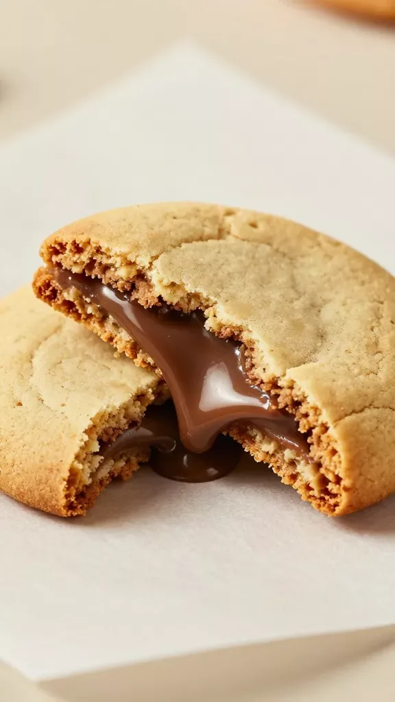 Side-angle macro shot of a single Nutella-stuffed cookie on parchment paper, mid-break with gooey Nutella visibly flowing from the center; detailed texture of the cookie’s browned edges and tender center; soft directional lighting highlighting the shine of the Nutella; simple, clean background with no extra ingredients.