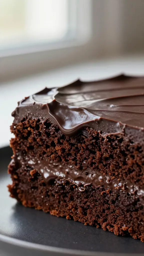 Extreme close-up of a single slice of double chocolate fudge cake on a simple dark plate, showcasing ultra-moist, dense crumb with a glossy, thick, dark chocolate fudge frosting smoothly swooped on top and slightly dripping down the sides; rich cocoa color, soft natural window light, shallow depth of field, no toppings or extras, studio food photography, 50mm macro, high detail.