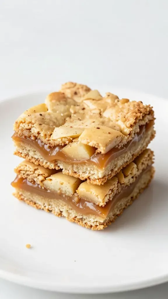 Macro side-view of a single caramel apple blondie square stacked on another square, clean cut edges revealing pockets of gooey caramel ribbons and small cinnamon-dusted apple bits within a buttery blondie base, light crumbs on a bare white plate, soft natural light, minimal scene with no sauces, no toppings, no added ingredients.