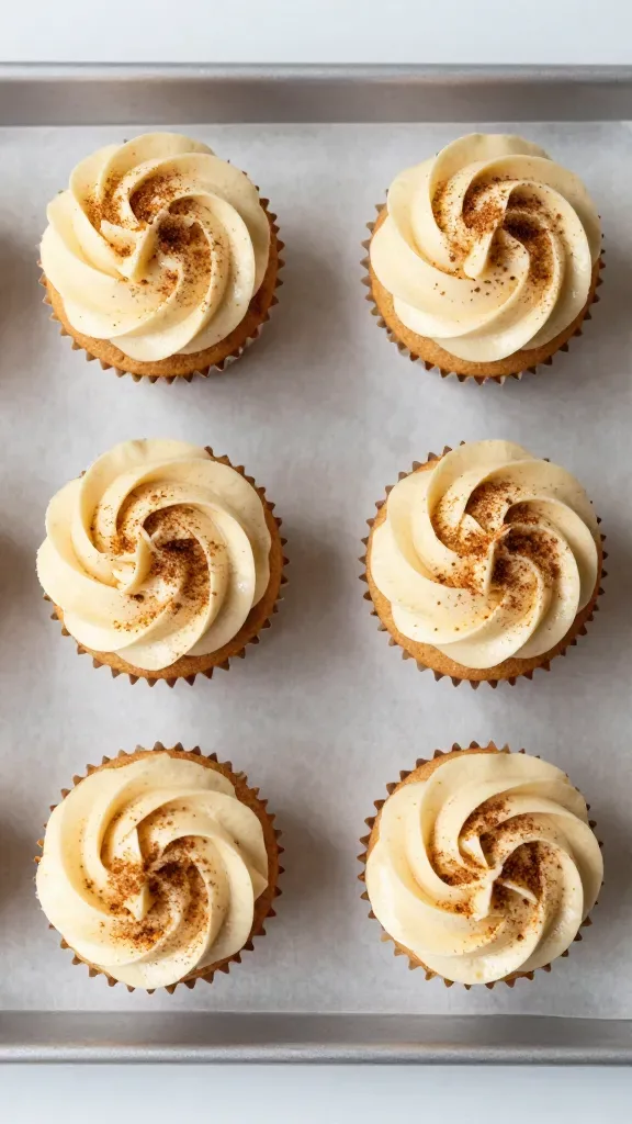 Overhead shot of six chai-spiced cupcakes arranged neatly on a parchment-lined baking tray; each cupcake has a consistent, glossy swirl of creamy frosting and an even sprinkle of fine chai spice dust; warm beige and tan color palette, soft morning light, clean minimal background, no extra ingredients or props.