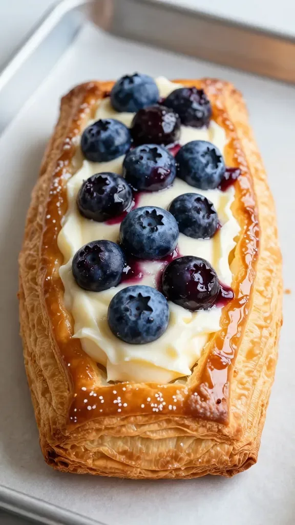Extreme closeup of a single rectangular blueberry cream cheese Danish on a parchment-lined baking tray: golden, flaky puff pastry with well-defined laminated layers, a neat oval of silky off-white cream cheese filling in the center, topped with glossy, jammy whole blueberries that have burst slightly, light syrupy blueberry juices pooling in small streaks, subtle oven blisters on the pastry edges, soft natural morning light from the left, shallow depth of field, no extra garnishes or powdered sugar, no additional ingredients.