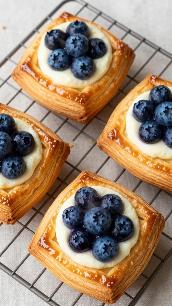Overhead closeup of four small square blueberry cream cheese Danishes on a cooling rack: each has a crisp, deeply golden puff pastry border, a smooth pale cream cheese center, and a concentrated mound of shiny blueberry topping that looks just-set and plump, faint steam haze, crumbs on the rack, neutral linen beneath, bright but diffused daylight, high detail texture on pastry layers, no mint, no glaze drizzle, no other fruits or decorations.