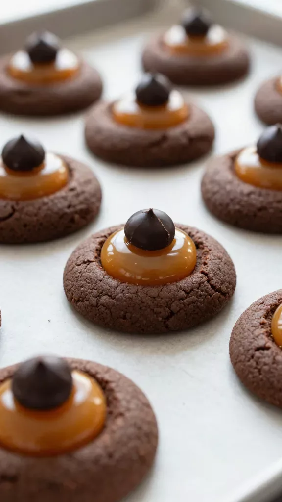 Macro close-up of freshly baked chocolate caramel thumbprint cookies on a neutral parchment-lined baking sheet: rich dark cocoa shortbread-style cookies with neat thumbprint wells filled with glossy golden caramel, each topped with a small, shiny dark chocolate disk cap; soft natural window light, shallow depth of field highlighting the gooey caramel glisten and matte cocoa crumb; no extra ingredients or garnishes, no text.