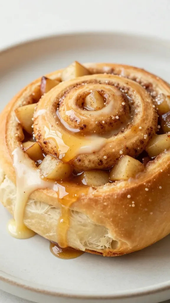 Extreme close-up of a single freshly baked apple pie cinnamon roll on a neutral ceramic plate, tight spiral visible and overflowing with tender diced apple pieces cooked in cinnamon and brown sugar, glossy buttery gooey filling pooling in the crevices, soft pillowy golden-brown dough with light sheen, warm cream-colored vanilla glaze just drizzled and slightly melting into the spiral, shallow depth of field, soft morning window light, no extra toppings or ingredients, clean minimal background.