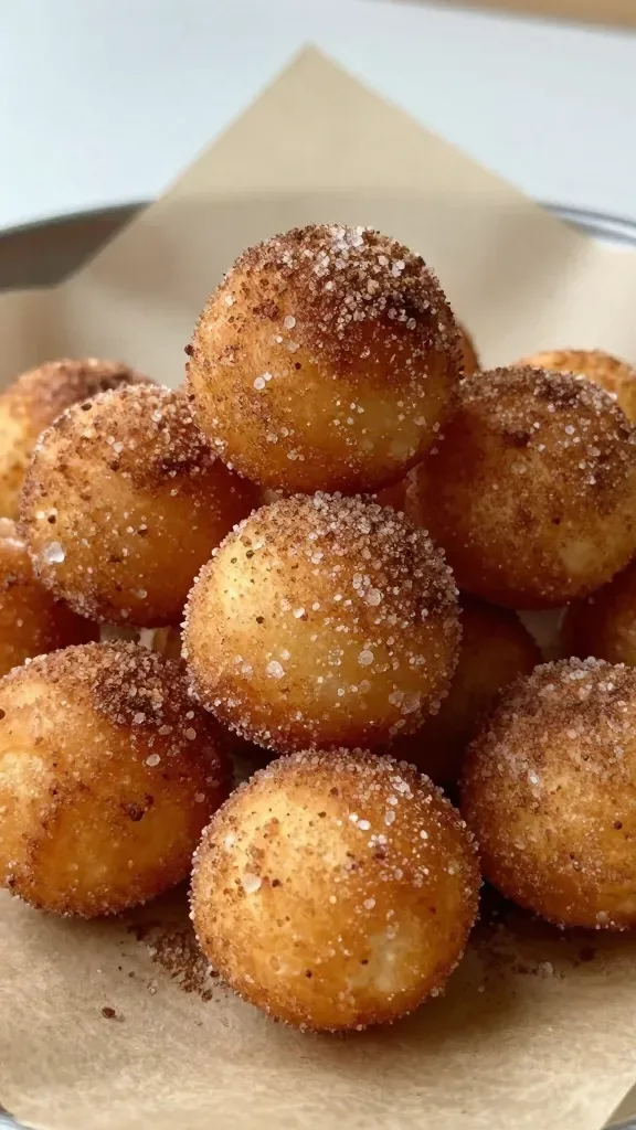 Ultra-closeup of a small pile of freshly fried donut holes coated evenly in sparkly cinnamon sugar, set on a neutral parchment-lined plate. Warm golden-brown crust with visible granulated sugar crystals and a light dusting of cinnamon, soft natural window light, shallow depth of field, no sauces or garnishes, no extra ingredients, photorealistic food photography.