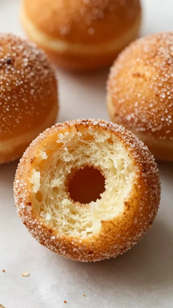 Cross-section closeup of a single cinnamon sugar donut hole torn open to reveal a light, cakey, tender interior, with more whole donut holes in the softly blurred background. Sugar-cinnamon coating visible on the exterior, a few loose sugar granules scattered on parchment, warm tones, macro lens look, natural soft side lighting, no props beyond parchment.