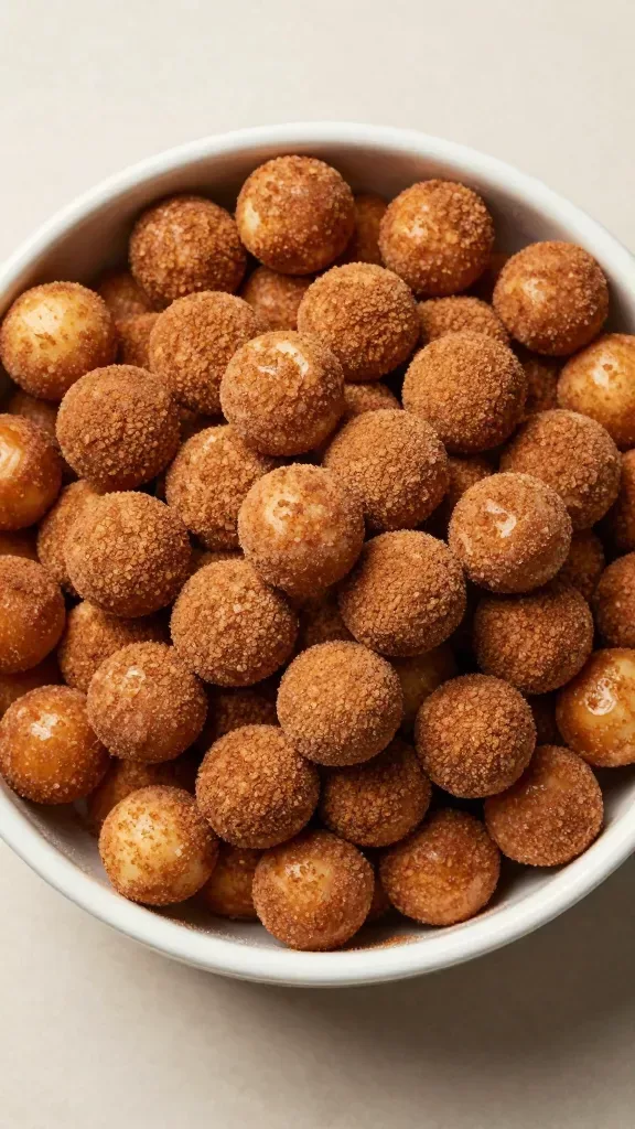 Overhead shot of a bowl heaped with uniform cinnamon sugar donut holes, all evenly coated and glistening slightly from the sugar. A small dusting of cinnamon sugar around the bowl on a simple neutral surface, warm color temperature, high-resolution food styling, no dips, no toppings, no extra elements, clean minimal background.