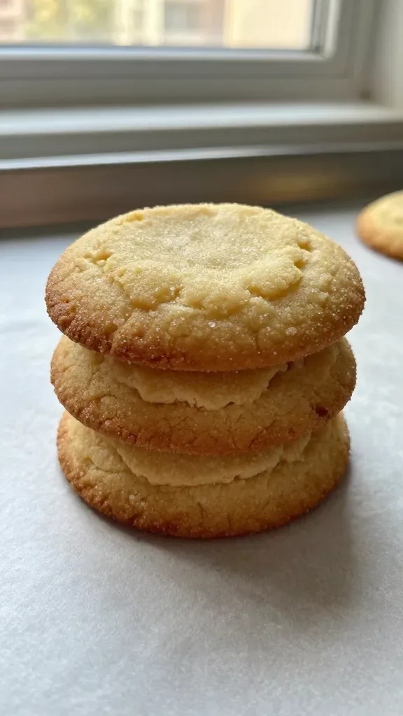 Ultra-closeup of a small stack of brown butter sugar cookies on a simple parchment-lined baking sheet: round, slightly crinkled tops with visible golden-brown edges and a soft, pale-gold center, faint sparkle of granulated sugar on the surface, warm natural window light, shallow depth of field, neutral background, no extra props or ingredients.
