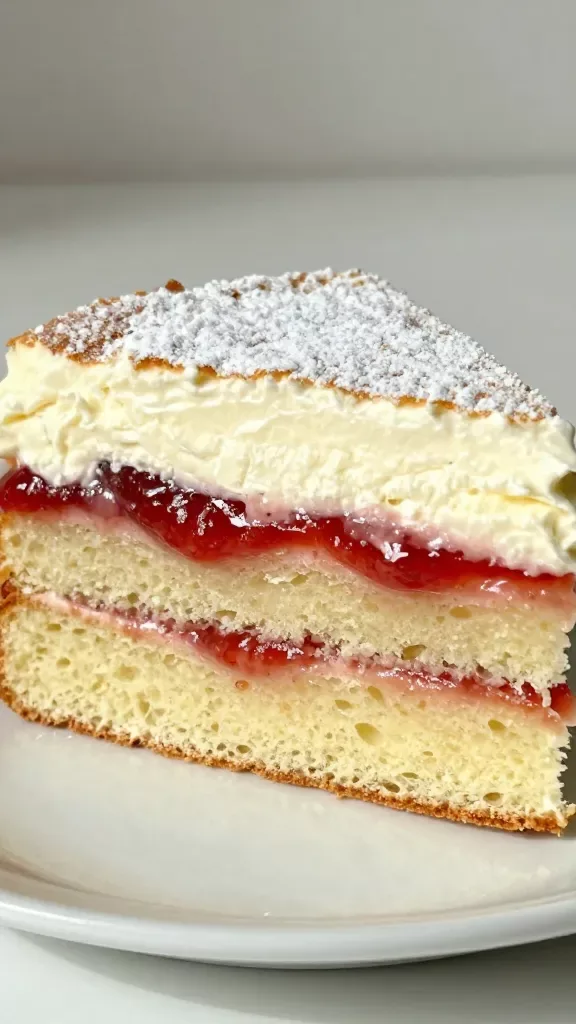 Extreme close-up of a classic Victoria sponge cake slice on a simple white plate: two even golden sponge layers, a neat layer of bright red strawberry jam and a thick layer of softly whipped cream in the center, lightly dusted with powdered sugar on top, natural daylight from the side, shallow depth of field, no extra garnishes, no utensils, clean neutral background.