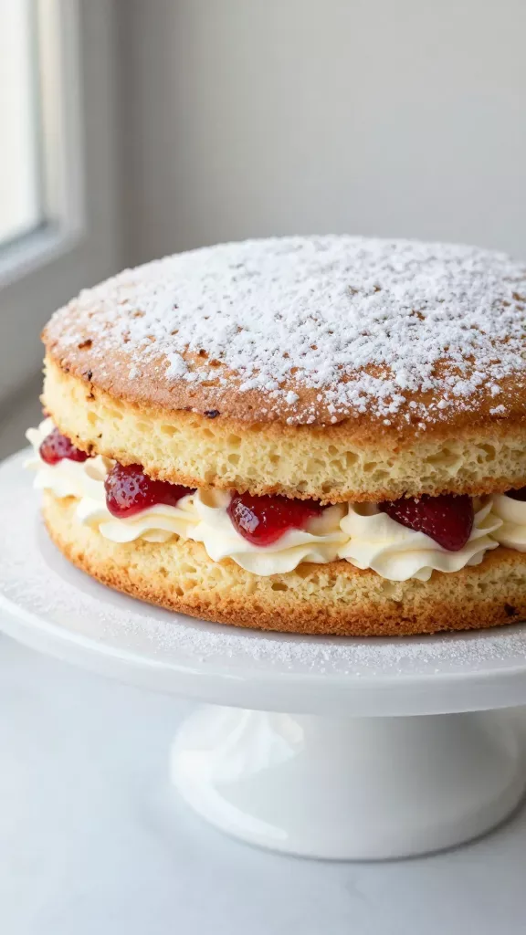 Overhead close-up of a whole classic Victoria sponge cake on a plain white cake stand: two perfectly baked golden layers with a visible ring of whipped cream and strawberry jam peeking from the middle, top lightly dusted with powdered sugar, soft natural window light, minimal shadows, no decorations, no fruit, no mint, neutral light-gray background.