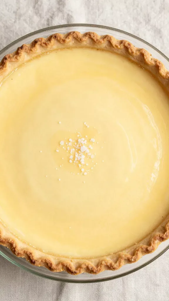 Overhead close-up of a whole salted honey pie in a plain glass pie dish: smooth, gently set custard surface with a faint amber sheen from honey; evenly browned edges on the crust, delicate crimping visible; a light, even sprinkle of flaky sea salt on top; neutral linen backdrop, soft diffuse lighting, no toppings or added elements.