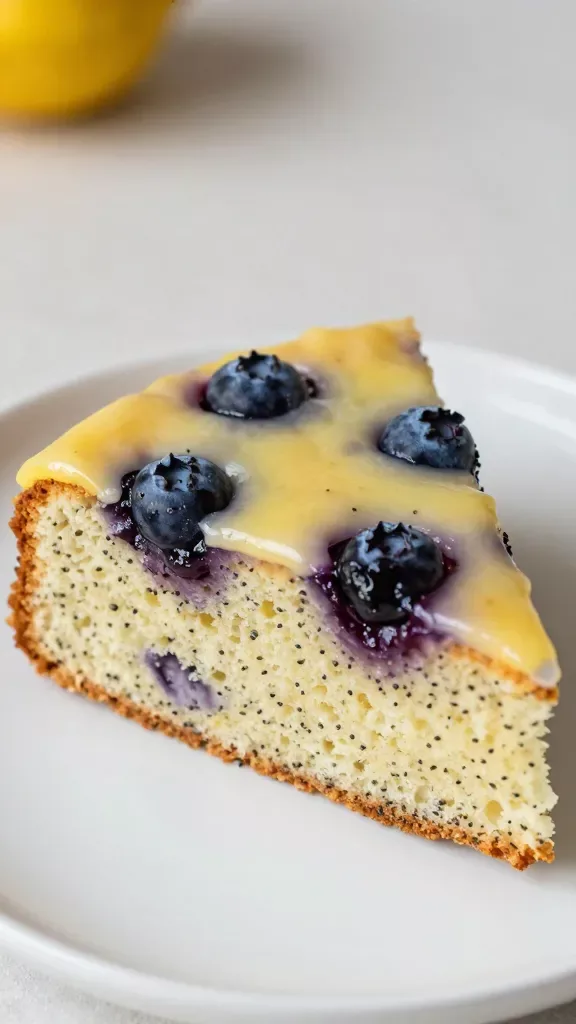 Ultra-closeup of a single slice of blueberry lemon poppy seed cake on a simple white plate, showing a tender golden crumb flecked with poppy seeds, juicy whole blueberries baked into jammy pockets, and a thin glossy lemon glaze lightly dripped over the top; natural daylight from the side, shallow depth of field, no extra garnishes, no utensils, neutral soft background.