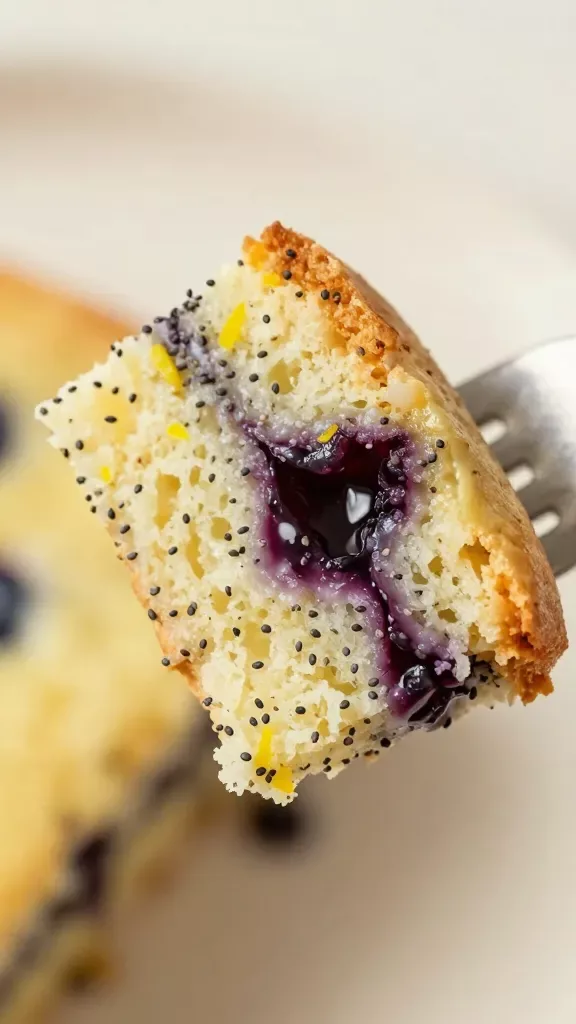 Macro shot of a forkful taken from a blueberry lemon poppy seed cake slice resting beside it, emphasizing moist crumb texture, visible lemon zest specks, dispersed poppy seeds, and a gooey blueberry pocket; faint glaze sheen on the surface; creamy neutral backdrop, soft morning light, no toppings, no extra elements.
