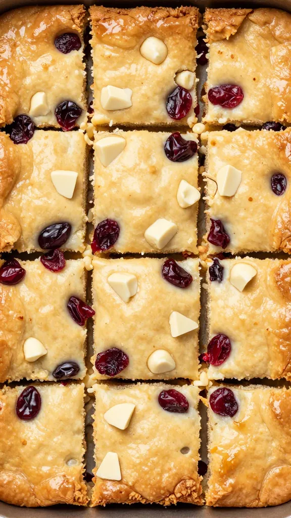 Overhead macro shot of a 9x9 pan of freshly baked white chocolate cranberry blondies, cut into neat squares in the pan, golden edges with glossy tops, clearly visible white chocolate chunks and dried cranberries dispersed evenly, minimal crumbs, neutral kitchen background, soft diffused lighting, no toppings, no sauces, no added fruits or nuts beyond white chocolate and cranberries.