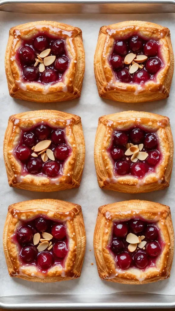 Overhead shot of four freshly baked cherry almond Danish pastries on a parchment-lined baking sheet, each with a square shape folded to frame a central well of rich cherry filling, edges deeply puffed and crisp, scattered sliced almonds baked into the pastry near the center, a light translucent glaze set on top, warm bakery lighting, clean baking scene with no additional ingredients or props.