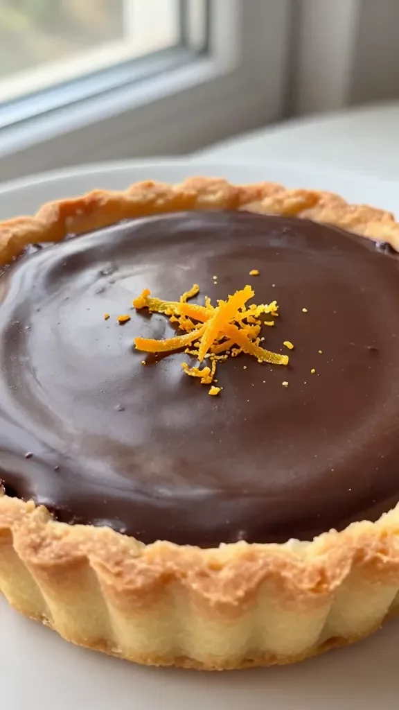 Ultra-closeup of a glossy dark chocolate orange tart in a classic fluted tart pan: thin, golden-brown buttery crust with sharp ridges, filled with perfectly smooth, mirror-like dark chocolate ganache. A delicate ring of very fine, fresh orange zest is sprinkled only around the outer edge of the ganache; no other toppings. Soft natural window light, shallow depth of field, high detail on the satin sheen and crisp crust.