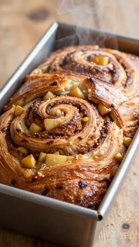 Close-up of a freshly baked apple cinnamon pull-apart bread loaf in a metal loaf pan, golden-brown layers visible with caramelized brown sugar and cinnamon swirls, small tender apple chunks peeking between buttery laminated strips, slight glossy sheen from melted butter, wisps of steam rising, warm natural morning light on a rustic wooden surface, shallow depth of field, no icing, no extra ingredients, cozy fall kitchen vibe.