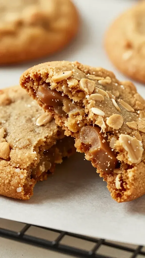 Side-angle macro shot of a single peanut butter oatmeal cookie broken in half to reveal the chewy interior; strands of soft crumb and oats visible; warm, golden tones; placed on a cooling rack with parchment beneath; gentle backlighting to highlight texture; no added toppings, no props other than rack and parchment.