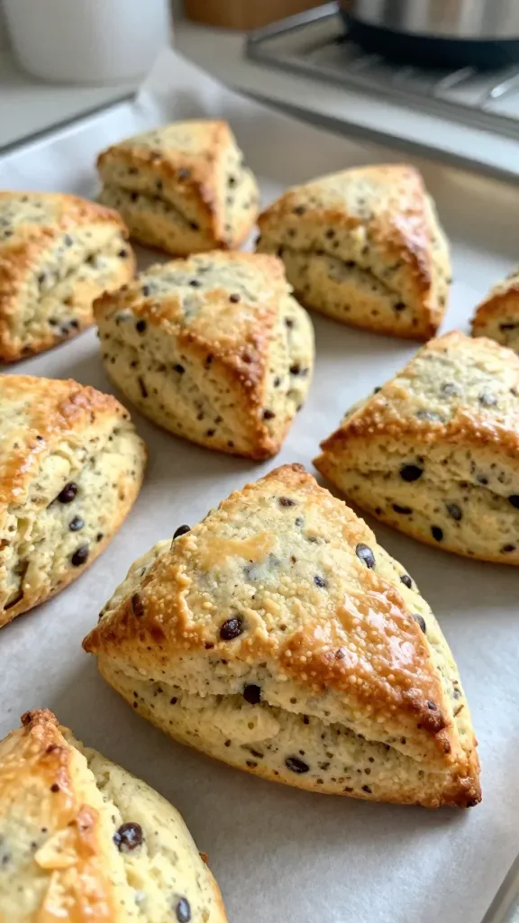 Ultra-closeup of freshly baked vanilla bean scones cut into neat wedges, golden-brown with crisp edges and a soft, tender crumb, visible vanilla bean specks throughout, arranged on a parchment-lined baking sheet, natural morning light, shallow depth of field, no extra toppings or sides, cozy home kitchen background softly blurred