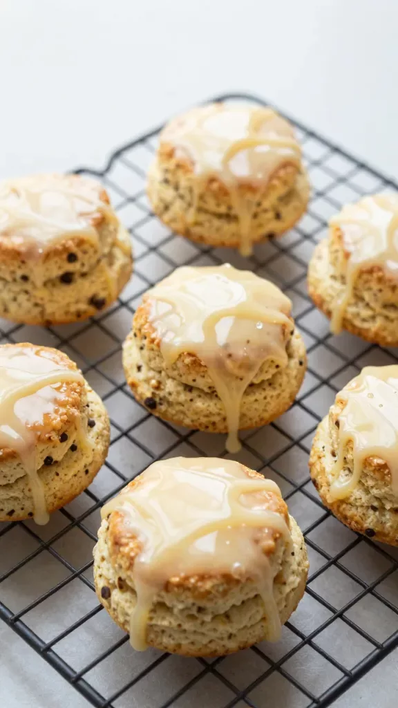 Overhead shot of a cooling rack holding plain vanilla bean scones being drizzled with a glossy vanilla glaze, fine ribbons of glaze pooling and lightly setting on the surface, clear vanilla flecks in both scones and glaze, clean neutral backdrop, soft window light, no fruit, nuts, or other garnishes