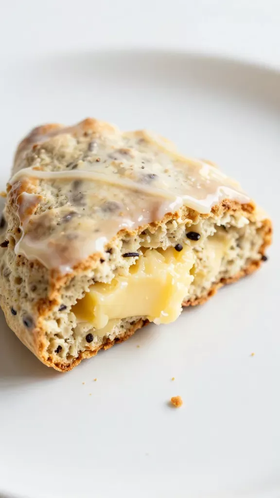 Macro shot of a single vanilla bean scone broken open to reveal a moist, buttery interior with visible vanilla bean specks, a thin set layer of silky vanilla glaze on top catching the light, crumbs on a simple white plate, minimal styling, bright natural light, no additional ingredients present