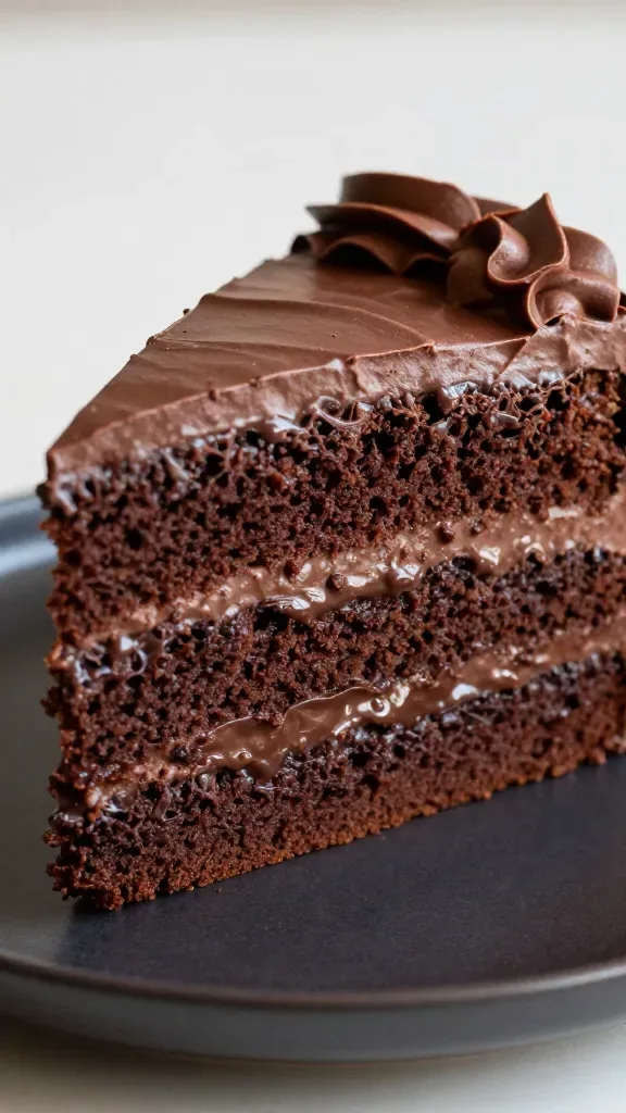 Extreme close-up of a slice of triple chocolate layer cake on a simple dark ceramic plate: three thick, moist cocoa-rich cake layers separated by glossy dark chocolate ganache, fully frosted in smooth, plush chocolate buttercream with subtle swoops; rich, dark brown tones, soft natural side light, shallow depth of field focusing on the moist crumb and ganache sheen; no toppings, no sprinkles, no fruit, no extras, neutral background.