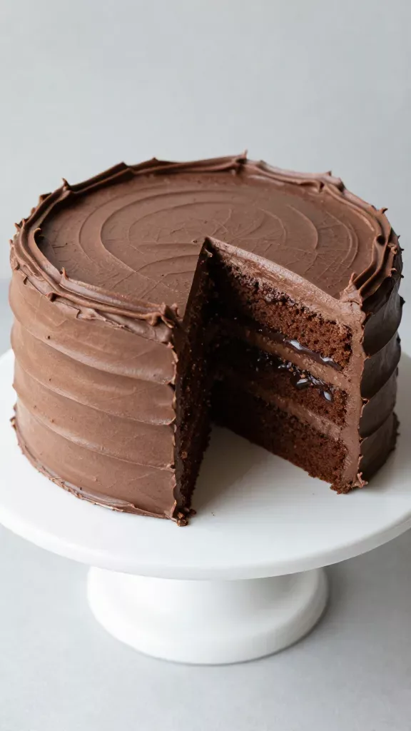 Overhead close-up of the whole triple chocolate layer cake on a plain cake stand: tall stack of three even chocolate sponge layers sandwiched with dark chocolate ganache, exterior covered in perfectly smoothed chocolate buttercream with gentle spatula textures; a clean slice removed to reveal the distinct layers and creamy fillings; soft, diffused light, minimal shadows, neutral gray background; no additional decorations or ingredients.