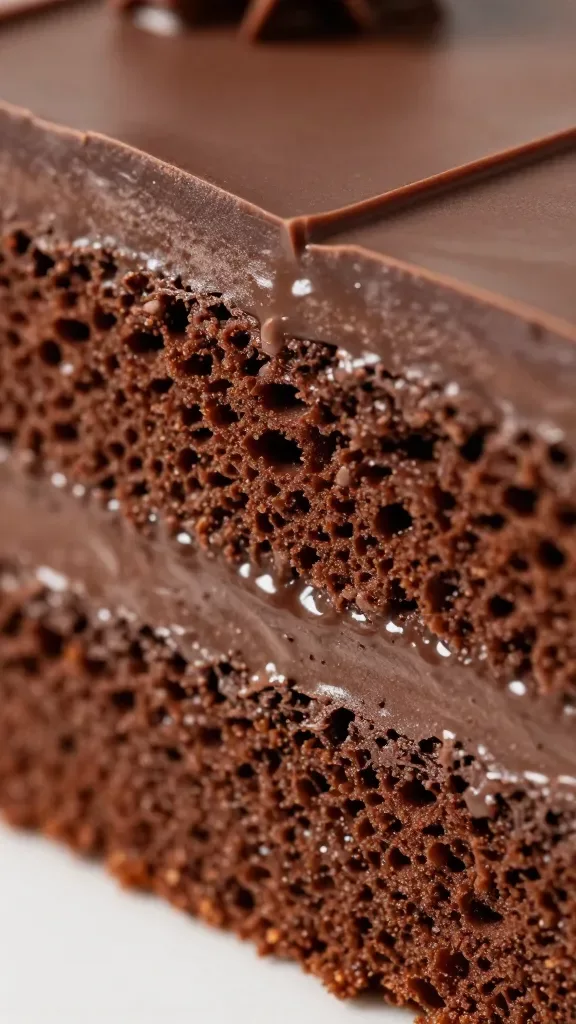 Macro detail shot of the cake’s cut surface: tight focus on the intersection of moist chocolate sponge and silky ganache with the outer chocolate buttercream edge, highlighting crumb texture and the glossy ganache line between layers; rich, deep browns, controlled reflections, soft backlighting to emphasize sheen; no garnishes, no drizzle, no extra elements, purely the triple chocolate components.