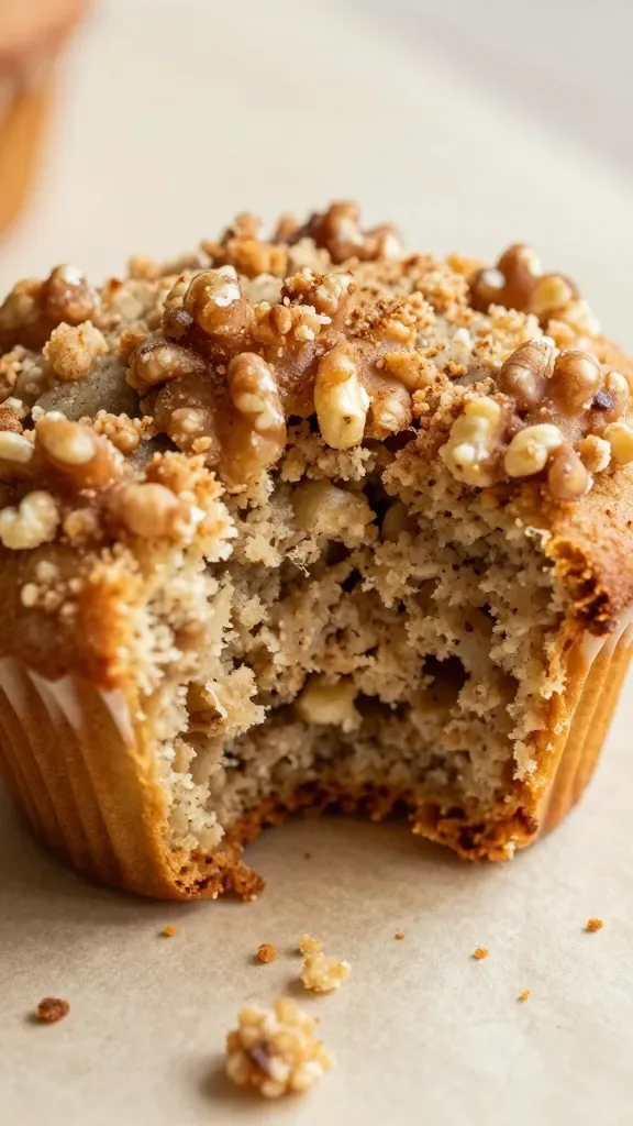Ultra-closeup of a freshly baked banana walnut streusel muffin torn open to show a moist, tender banana crumb inside, topped with a thick, crunchy walnut-cinnamon streusel; warm golden-brown tones, soft natural morning light, shallow depth of field, no plate or props, just the muffin on a neutral parchment surface, crumbs scattered.