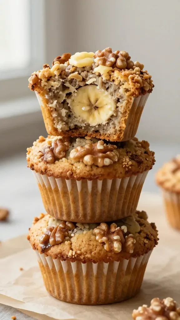 Three banana walnut streusel muffins stacked slightly offset on parchment, extreme detail on the craggy walnut-cinnamon streusel and buttery sheen; one bite taken from the top muffin revealing the plush banana interior; neutral background, soft window light, no garnishes or additional foods.