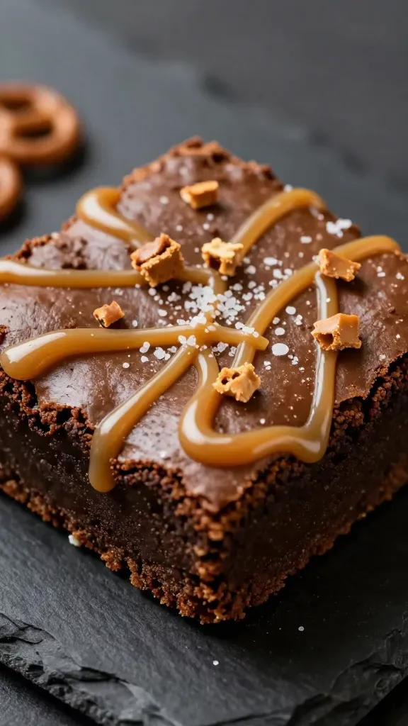 Extreme close-up of a single square brownie on a simple dark slate surface: glossy, crackly top with visible fudgy interior, thick ribbons of golden salted caramel swirled across the surface, studded with small broken pretzel pieces on top and a light dusting of flaky sea salt; warm, moody side lighting emphasizing texture and shine; shallow depth of field with only the brownie in crisp focus; no extra ingredients or garnishes.
