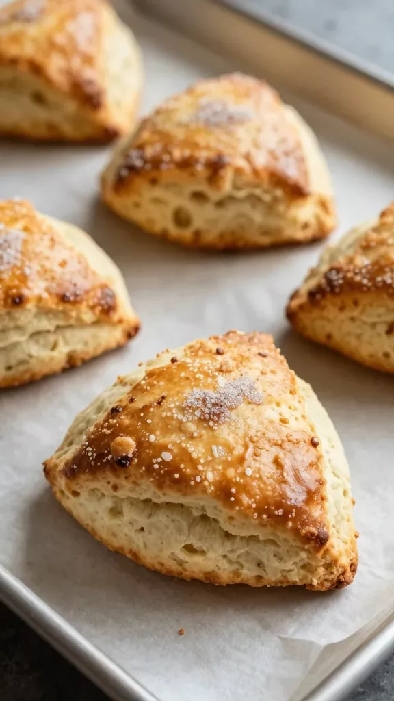Close-up of freshly baked plain bakery-style scones on a parchment-lined baking sheet, golden tops with a light crunchy sugar sparkle, visible tender crumb and flaky layers at the edges, no add-ins, warm natural morning light, shallow depth of field, rustic kitchen setting, high-resolution food photography