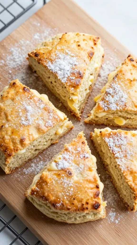 Overhead close-up of a round of plain scones cut into classic triangular wedges, slightly pulled apart to show soft, buttery interior and crisp golden tops, brushed with cream and lightly sugared, set on a lightly floured wooden board with a cooling rack nearby, no extra ingredients, neutral background, soft diffused daylight