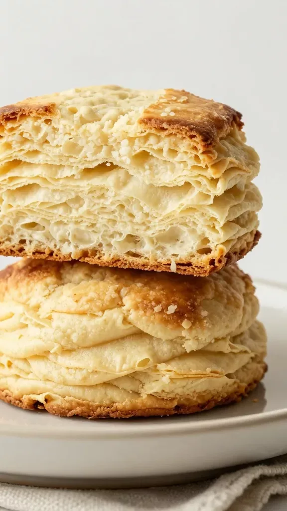 Side-angle macro of a stack of two plain buttermilk biscuits, focus on the tall laminated layers and flaky strata, crisp browned tops and bottoms with pale, tender interior, placed on a neutral ceramic plate on a linen towel, soft diffused daylight, minimal shadows, no toppings, hyper-realistic texture detail.