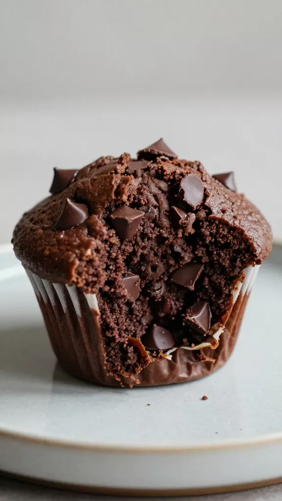 45-degree angle close-up of a single chocolate chunk muffin torn open to showcase a moist, tender crumb studded with generous semi-melted chocolate chunks. Placed on a plain ceramic plate with minimal crumbs, soft diffused light, muted backdrop. The muffin’s top is craggy and tall, liner partially peeled back. No extra garnishes, sauces, or ingredients—only the chocolate chunk muffin.