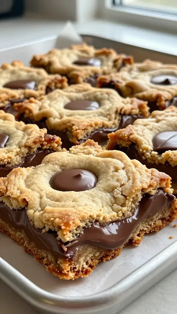 Extreme close-up of a just-baked tray of thick cookie squares, sliced into neat bars, showing gooey, melty semi-sweet chocolate throughout, chewy golden-brown centers, and caramelized edges; warm, soft crumb with visible chocolate pools; shot on a parchment-lined metal baking pan on a neutral countertop in natural window light, shallow depth of field, no extra toppings or garnishes.