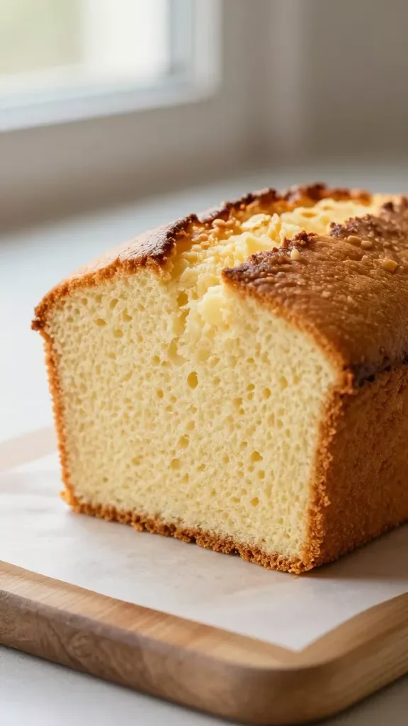 Ultra-soft vanilla loaf cake on a simple parchment-lined cutting board, close-up macro shot of a freshly sliced end showing a plush, ultra-tender crumb with a fine, even texture; golden-brown crust with a gentle sheen from butter, no toppings; warm natural window light, shallow depth of field, soft shadows, bakery ambiance, 50mm lens look, high-resolution food photography