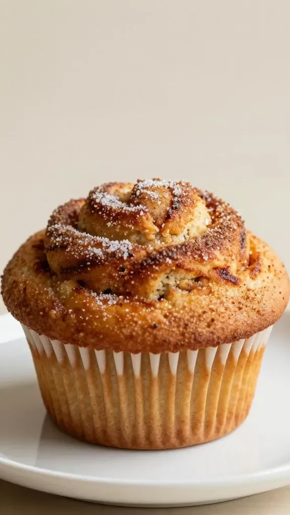 Close-up of an oversized cinnamon swirl muffin with a tall, domed top on a simple white plate, the dramatic cinnamon-sugar ripple clearly visible through the golden-brown crumb, light sugar crust sparkling, soft tender interior peeking from a clean bite, neutral warm morning light, shallow depth of field, no frosting or glaze, no extra ingredients or garnishes, minimalist background.