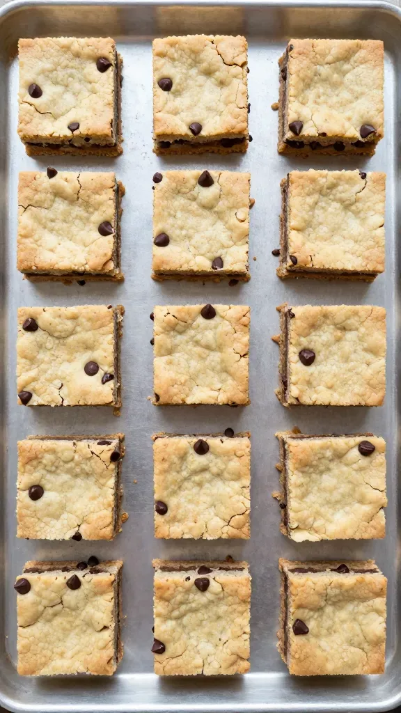 Overhead shot of a neat grid of square-cut double-layer cookie bars on a bare metal sheet pan, each square clearly showing the two cookie layers and central band of chocolate chips, slightly crackled tops with scattered chocolate chips, subtle crumbs on the pan, soft diffused daylight, high detail, no garnishes or added elements, minimal background.