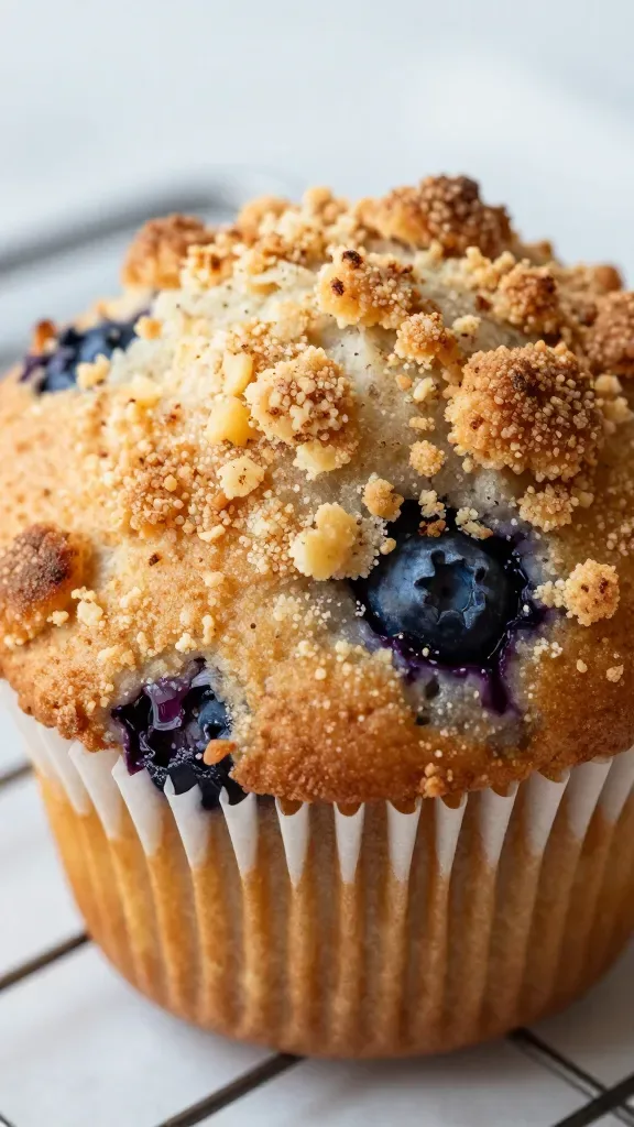 Extreme close-up of a single giant blueberry muffin with a towering dome, covered in a chunky, buttery cinnamon-streaked crumb topping, visible juicy blueberries peeking through the golden-brown surface, set on a simple parchment-lined cooling rack, soft natural morning light, shallow depth of field, no additional ingredients or garnishes