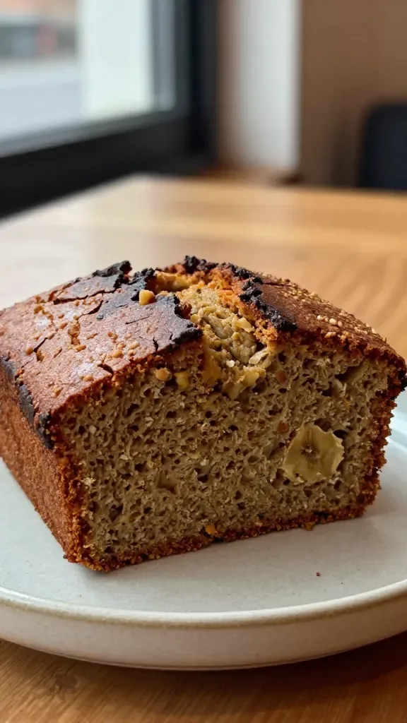 Ultra-closeup of a single thick slice of classic banana bread on a small neutral ceramic plate, showcasing a deep crackly top crust and a dense yet tender, moist crumb with visible banana flecks; warm natural window light, shallow depth of field, cozy coffee shop wood table background slightly blurred, no toppings or add-ins, no nuts, no chocolate, no butter, just the plain slice.