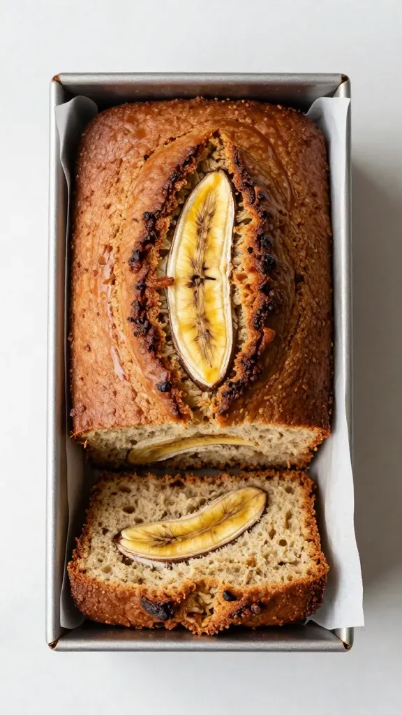 Overhead shot of a freshly baked loaf of banana bread on parchment in a metal loaf pan, center-split dome with a pronounced caramelized, craggy top; a clean slice partially cut to reveal a plush, buttery interior; soft morning light, minimal kitchen setting, no extra ingredients or decorations, no glaze, no nuts, no chocolate.