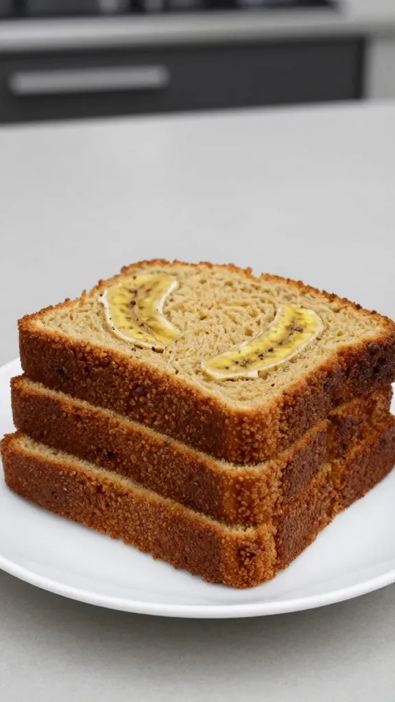 Three thick, uniform slices of plain banana bread stacked slightly askew on a simple white plate, tight crop highlighting the moist, dense crumb and toasted edges; gentle side lighting to emphasize texture, neutral background like a café counter, no spreads, no nuts, no chocolate chips, no garnish.