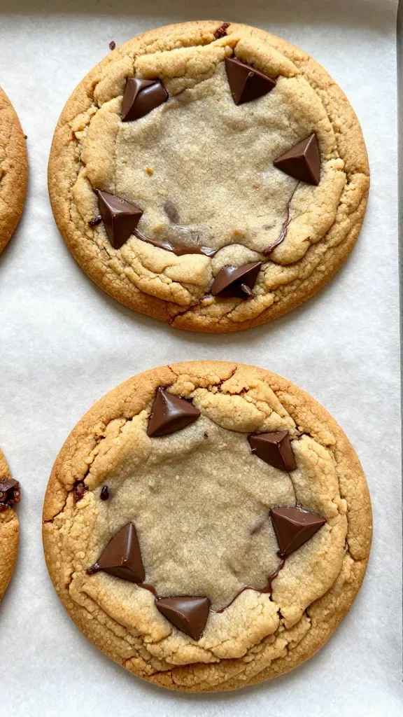 Overhead closeup of three oversized chocolate chip cookies on a baking sheet lined with parchment, thick and tall with uneven craggly tops, glossy melted chocolate streaks and pockets, edges slightly darker golden, minimal crumbs, soft natural light, no additional toppings or ingredients.