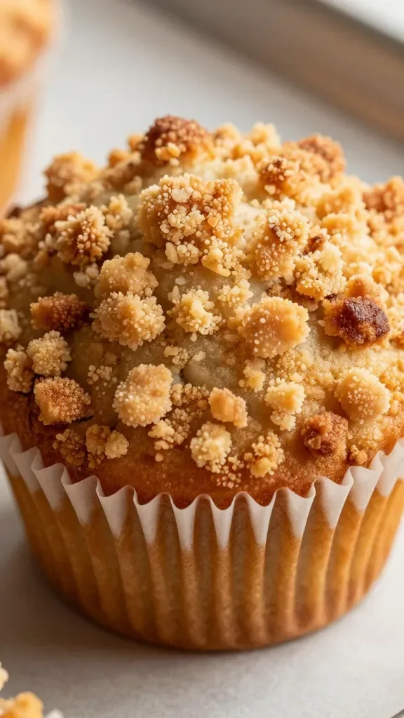 Extreme close-up of a single bakery-style cinnamon crumb muffin with a tall, domed top, dense buttery cinnamon streusel crumbles piled high and crisp, no glaze or extra toppings, warm golden-brown muffin crumb visible at the edges, soft natural morning light, shallow depth of field, shot on a neutral parchment-lined baking sheet, high-resolution food photography.
