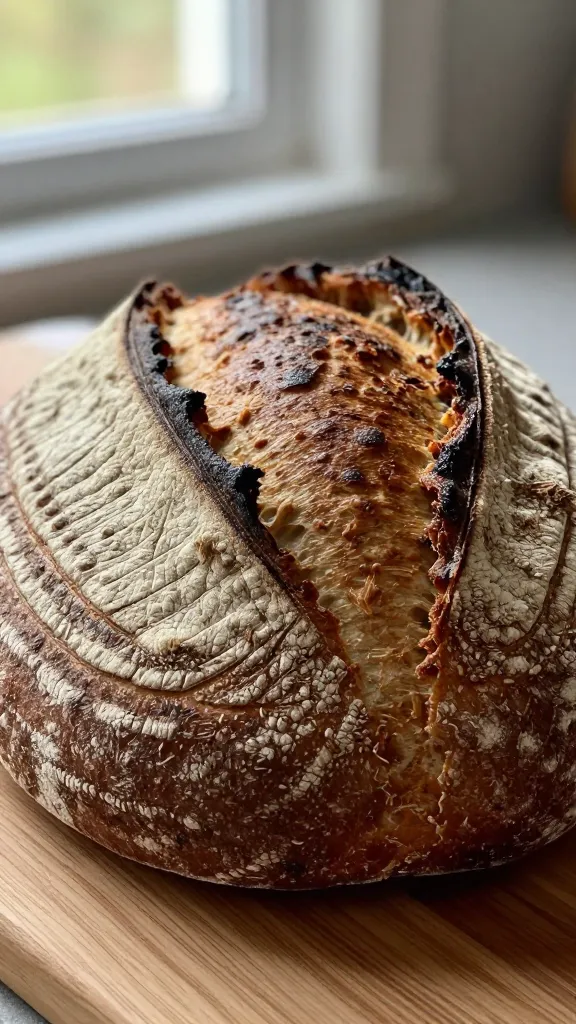 Close-up of a freshly baked rustic wheat and rye boule on a wooden board, round loaf with deep mahogany crust, natural flour-dusted surface, bold artisan scoring across the top, visible micro-blisters, cracking crust with slight steam escaping from a torn edge, soft open crumb peeking through, warm natural window light, shallow depth of field, no additional ingredients or props, neutral kitchen background.